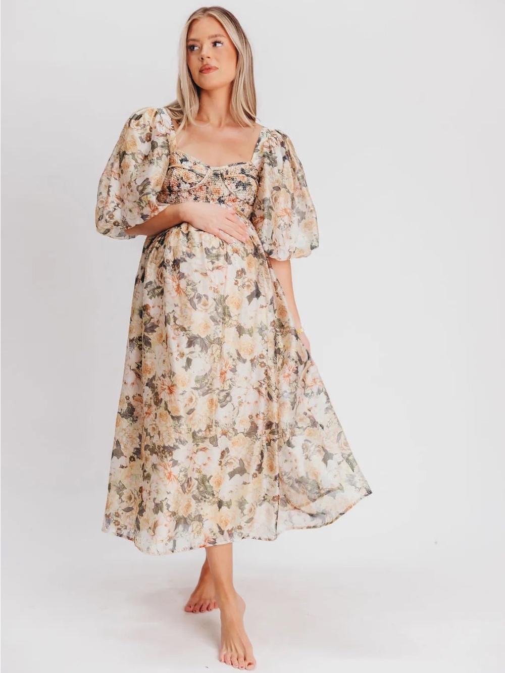 Worth Collective Harlow Maternity Floral Puff-Sleeve Maxi Dress in Cream Floral